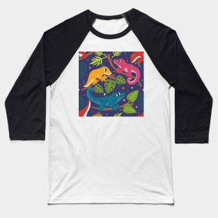 Colourful Geckos with Jungle Leaves and Stars on purple Baseball T-Shirt